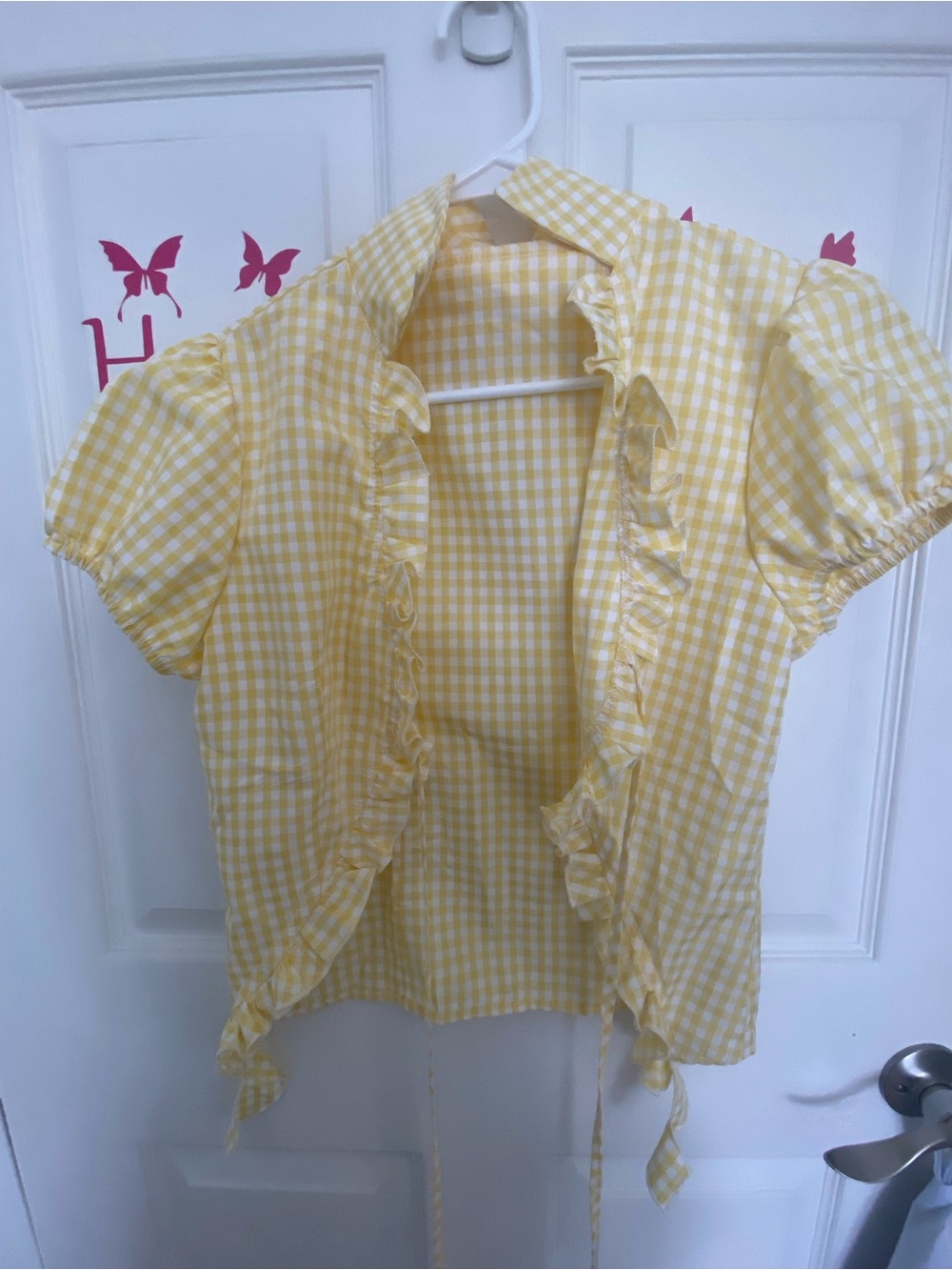 Girls Yellow Gingham Ruffle Short-Sleeve Top